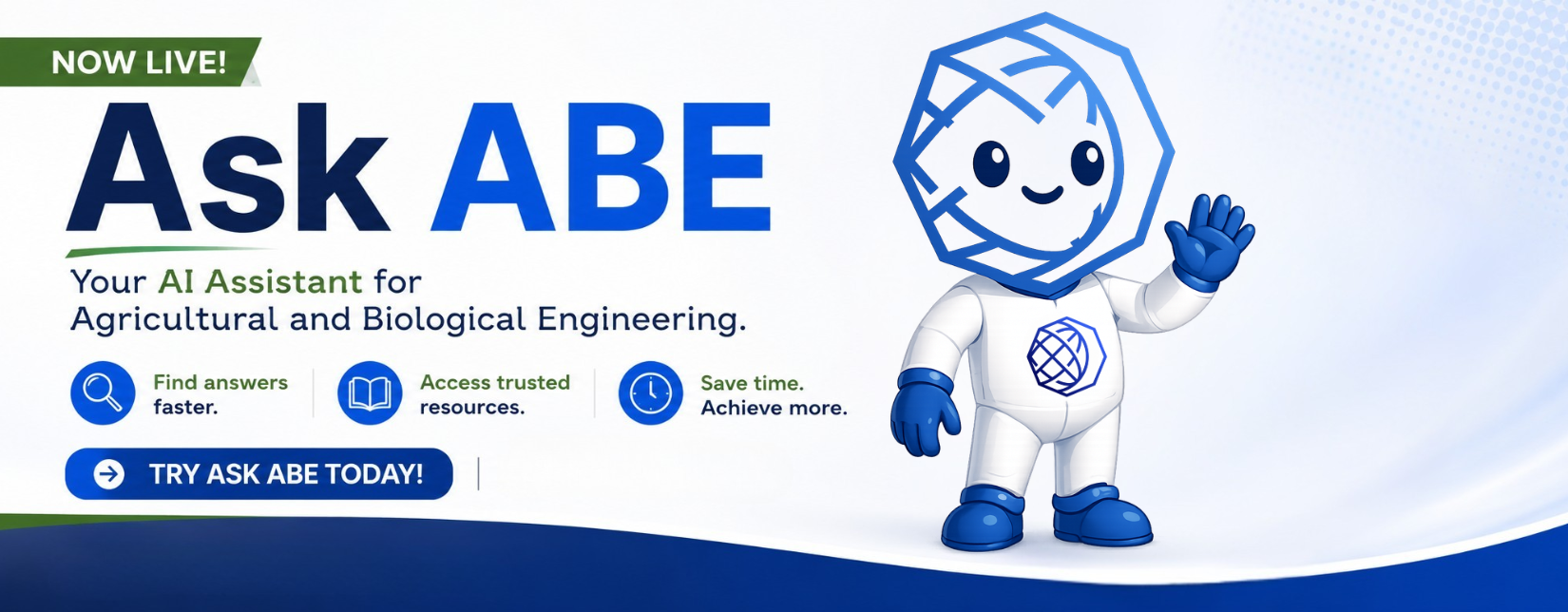 Homepage banner promoting Ask ABE, ASABE's AI assistant for agricultural and biological engineering.